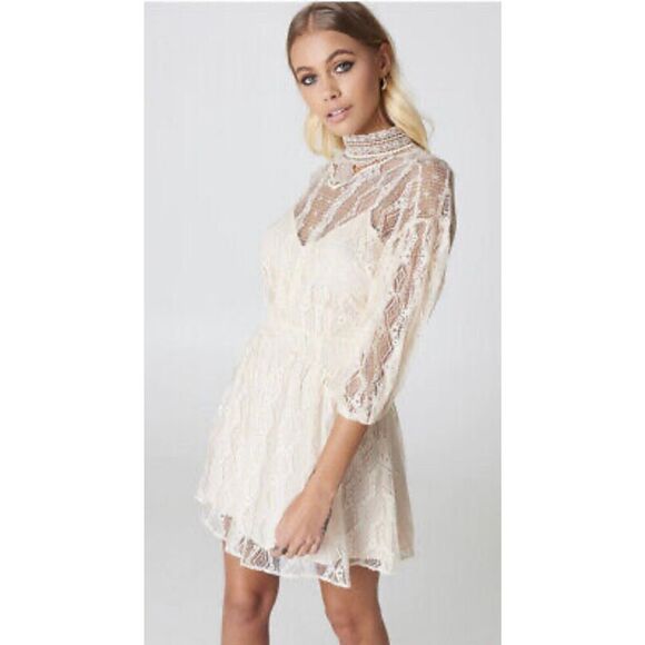 Free People Cream Half Sleeve Lace Mini Dress With Open Back - Picture 2 of 6